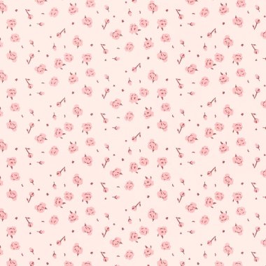 Pembe renkli gül desenleri ve pembe arka planda yapraklar. Yazdırma, tebrik kartı, logo, poster, davetiye tasarımı