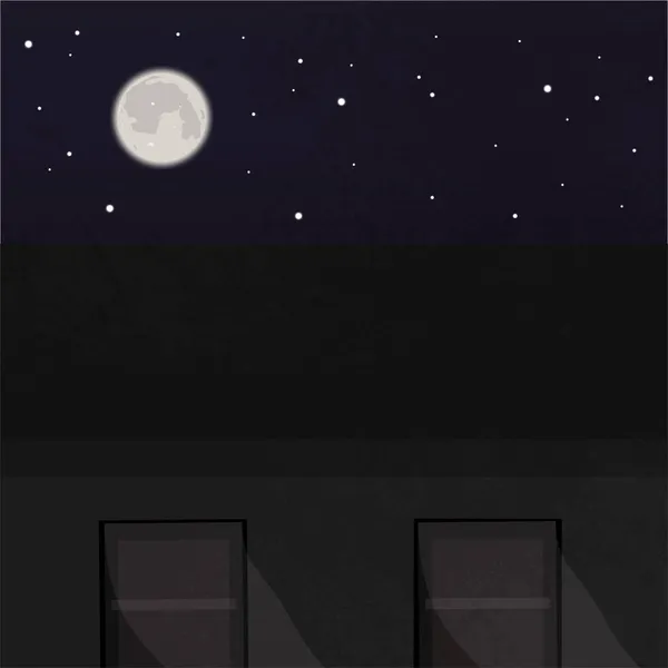 Ilustración Casa Con Ventanas Por Noche Luna Estrellas — Vector de stock