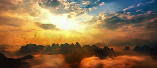 Dağların Üzerinde Kalın Bulutlar Akşam Günbatımının Geniş Panoramik Manzarası Sanatsal — Stok fotoğraf