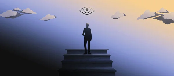 Der Mann Ganz Oben Auf Der Treppe Allsehendes Auge Himmel — Stockfoto