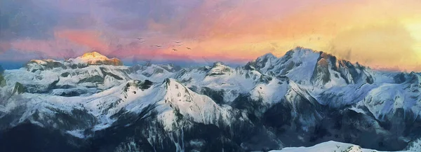 Vinterlandskap Och Kvällssolnedgång Brett Panoramautsikt — Stockfoto