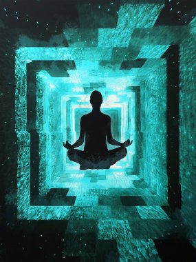 Yogadaki kadın sanal bir odada poz veriyor. Fütürist koridor. Siyah ve turkuaz.