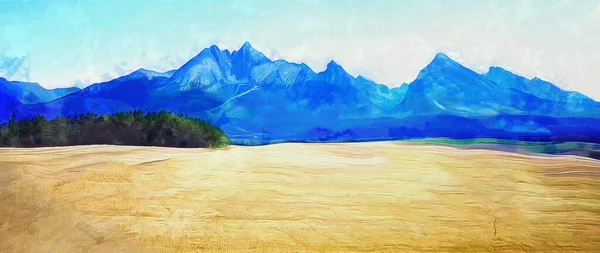 Dağların panoramik manzarası. Mavi gökyüzü ve boş arazi. Sanatsal çalışma