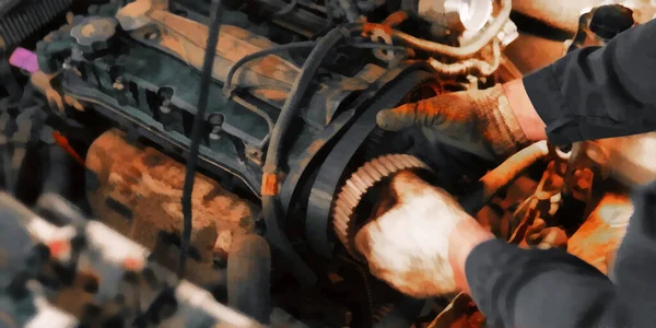 Bir tamirci bir araba motorunu tamir eder. Araba tamiri konusunda sanatsal çalışmalar