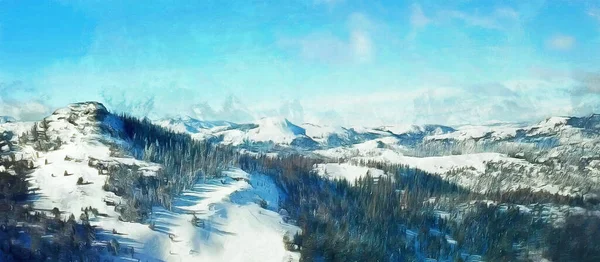 雪のパノラマビュー帽をかぶった山々 冬の季節 芸術作品 — ストック写真