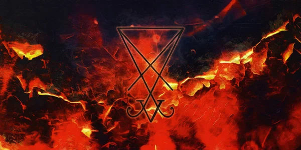 Lucifer Pecsétje Tüzes Háttérrel Rejtélyes Szimbólum Vallás Kultúra — Stock Fotó