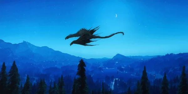 Ein Großer Drache Fliegt Über Die Berge Dichter Dunkler Wald — Stockfoto