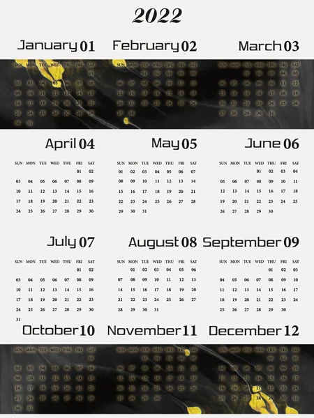 Calendar 2022 Set Months Week Starts Sunday Black Stripes Gold — Stock Photo, Image