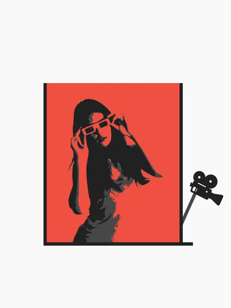 Girl with glasses on a red billboard, stylish cinema logo, 3D rendering