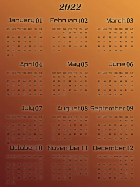 Calendar 2022 Set Months Week Starts Sunday Red Orange Gradients — Stock Fotó