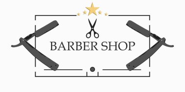 Stylish logo for Barbershop, scissors and razor, elegant ornament