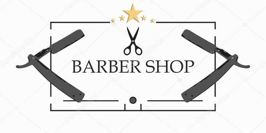 Stylish logo for Barbershop, scissors and razor, elegant ornament