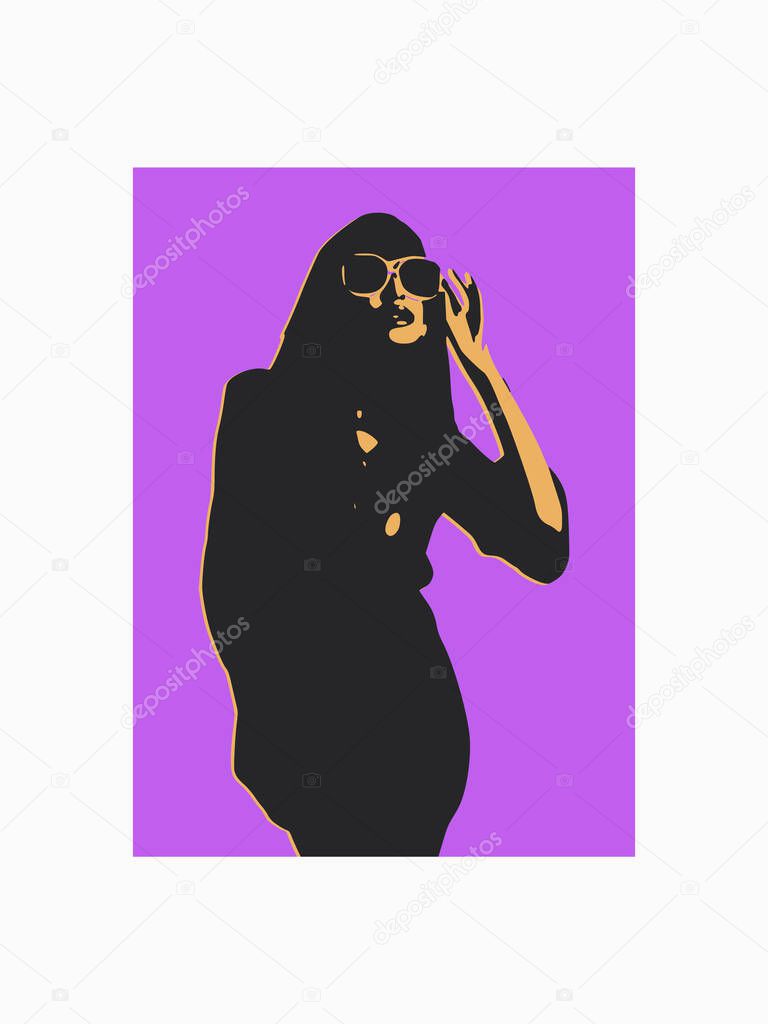 Girl with glasses on a purple background, 3D rendering. Artistic work on the theme of beauty and fashion