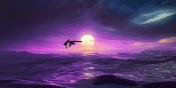 大気中の夕日の眺め 竜は海の上を飛ぶ 芸術作品 — ストック写真