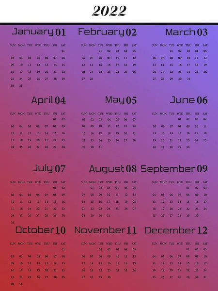 Calendar 2022, calculated for 12 months. Week starts on Sunday. Red and purple gradients