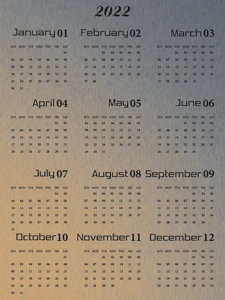 Calendar 2022 Calculated Months Week Starts Sunday Yellow Gray Background — Stock Photo, Image