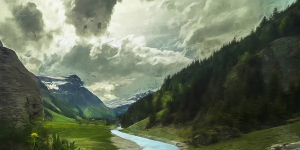 Dichte Wolken Über Bergen Und Feldern Malerische Landschaft Panoramablick — Stockfoto