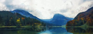 Dağların panoramik manzarası, ormanın ortasındaki nehir, doğanın teması üzerine sanat çalışmaları.