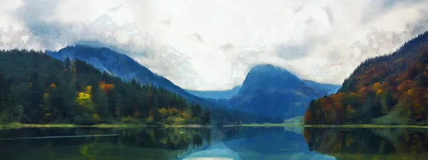 Dağların panoramik manzarası, ormanın ortasındaki nehir, doğanın teması üzerine sanat çalışmaları.