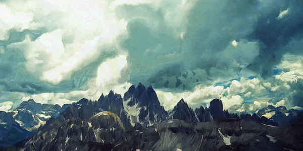 Tummat Pilvet Vuorten Yllä Laaja Panoraamanäkymä Taideteos Luonnon Teemasta — kuvapankkivalokuva