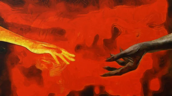 女人和恶魔 手伸向对方 以地狱为主题的艺术作品 — 图库照片