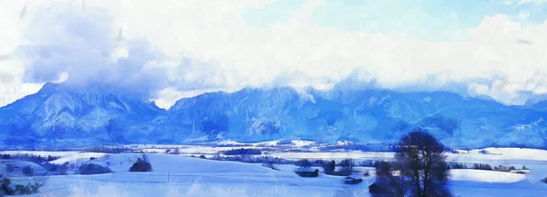 絵のように美しい冬の風景 山の上に濃い霧 アートワーク — ストック写真