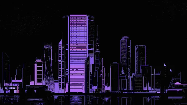 8-bit night city drawing, wide panoramic view, 3D rendering