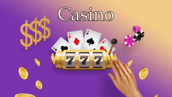 Casino jackpot and falling coins, slot machine, playing cards, 3D rendering