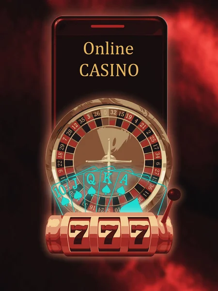 Online Casino Banner Smartphone Casino Roulette Slot Machine Playing Cards - Stock-foto