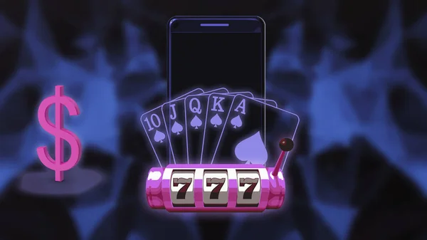 Casino Jackpot Slot Machine Playing Cards Rendering Blue Background — Stok fotoğraf