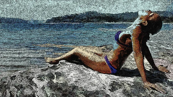 Girl in a bikini on the beach, 8-bit pixel art, 3D rendering