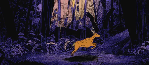 Running deer in the night forest, 8-bit pixel art