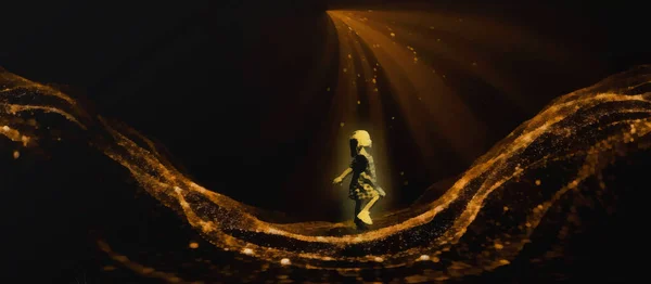 Little Girl Walks Abstract Wave Virtual Reality Black Gold — Stock Photo, Image