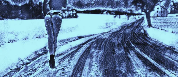 ビキニ姿の女の子が雪道を歩き パノラマビュー 冬をテーマにした芸術作品 — ストック写真