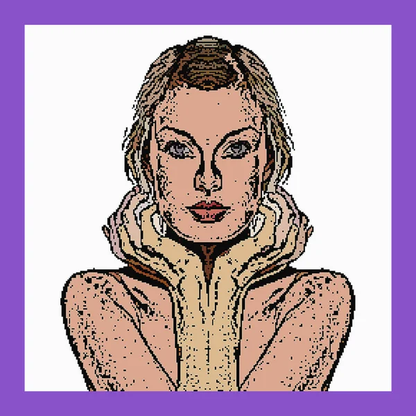 Pixel drawing of a blonde girl, 3D illustration, purple and white