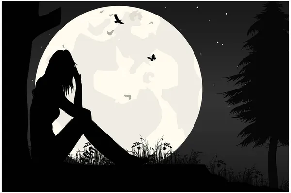 Carino Ragazza Luna Silhouette — Vettoriale Stock