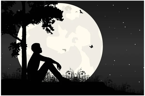 Niedlicher Mann Und Mond Silhouette — Stockvektor