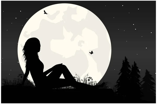 Carino Ragazza Luna Silhouette — Vettoriale Stock