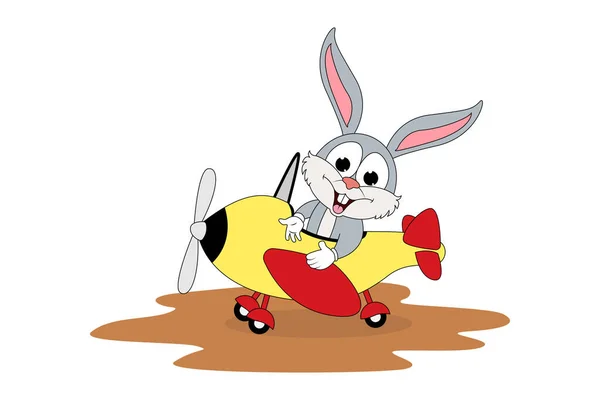 Carino Coniglio Cartone Animato Con Aereo Aereo — Vettoriale Stock