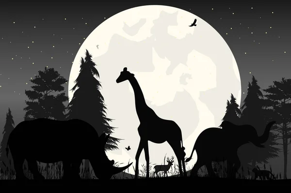 Schattige Dieren Maan Silhouet — Stockvector