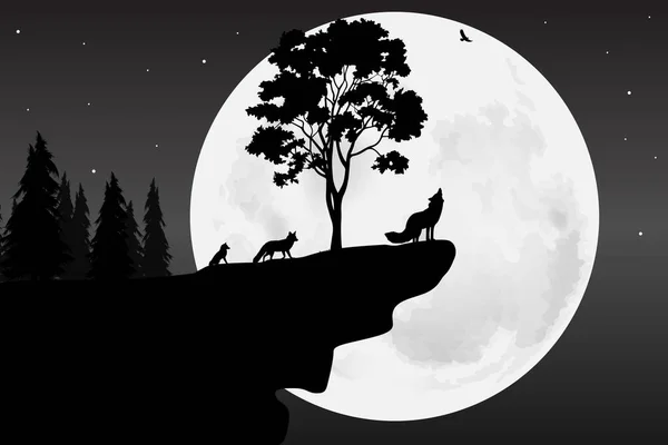 Lindo Lobo Luna Silueta — Vector de stock