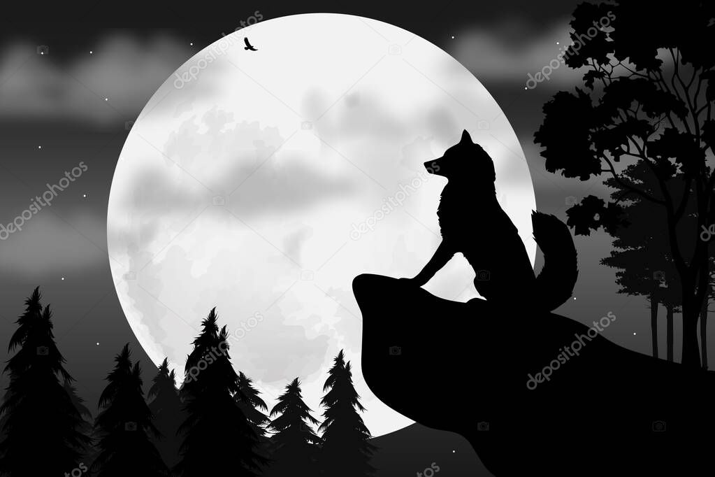 Cute wolf and moon silhouette