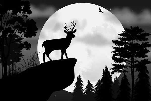 Niedliche Hirsch Und Mond Silhouette — Stockvektor