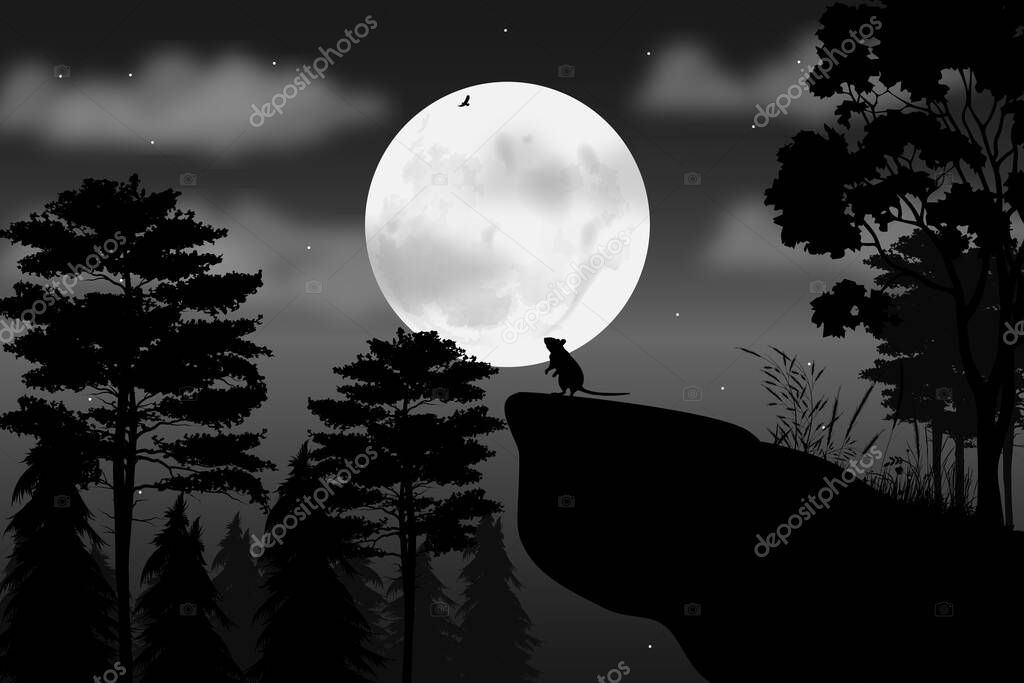Cute mouse and moon silhouette