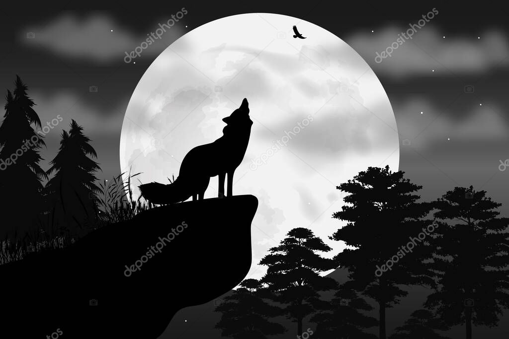 Cute wolf and moon silhouette