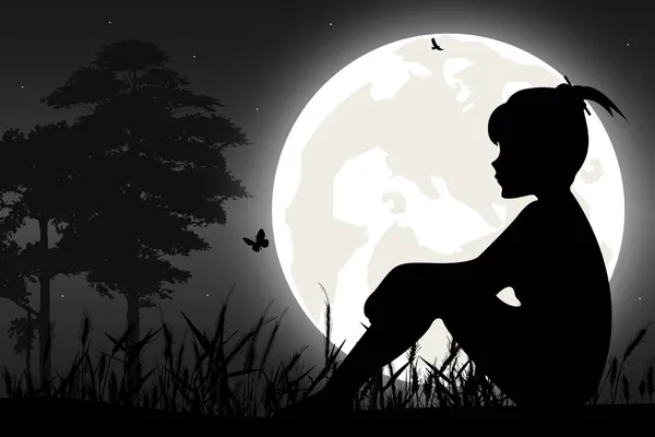 Linda Chica Silueta Luna — Vector de stock