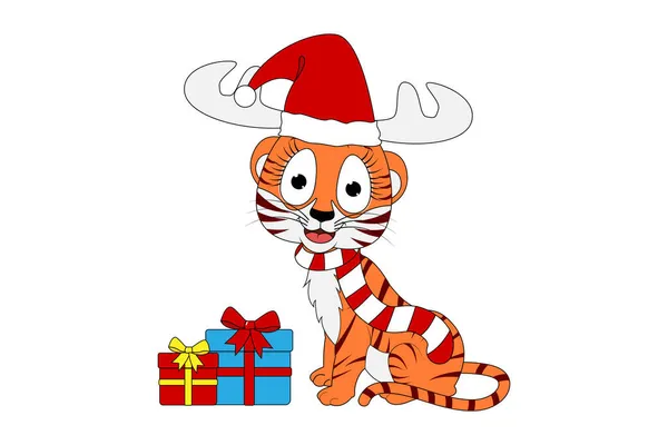 Niedlicher Tiger Cartoon Weihnachten — Stockvektor