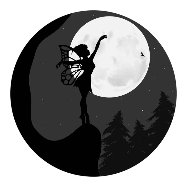 Mignon Paysage Silhouette Fée Lune — Image vectorielle
