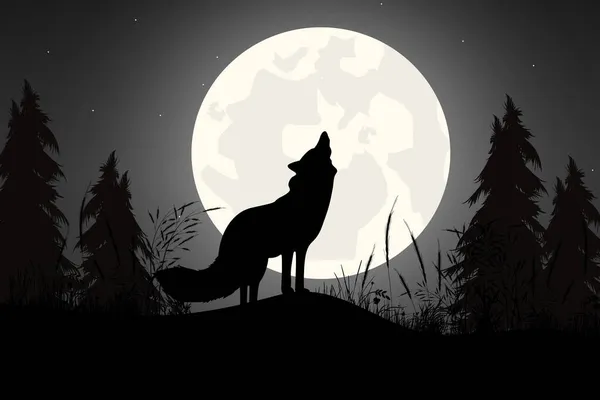 かわいい狼と月のシルエットグラフィック — ストックベクタ