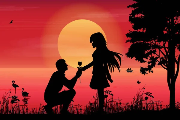 Cute Couple Fall Love Silhouette — Stock Vector